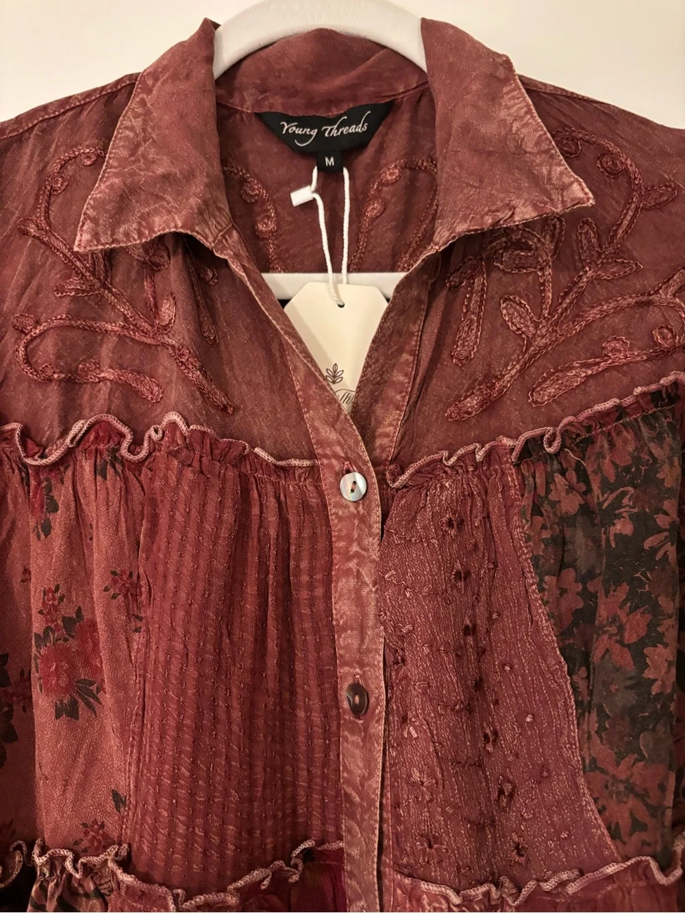 NWT - Burgundy Patchwork Boho Style Blouse - Picture 5 of 13